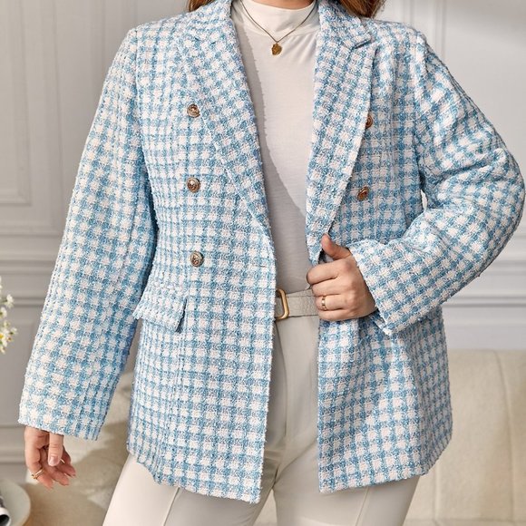 Multicolor PReppy Womens Plaid Tweed Double Breasted Blazer - Picture 2 of 5